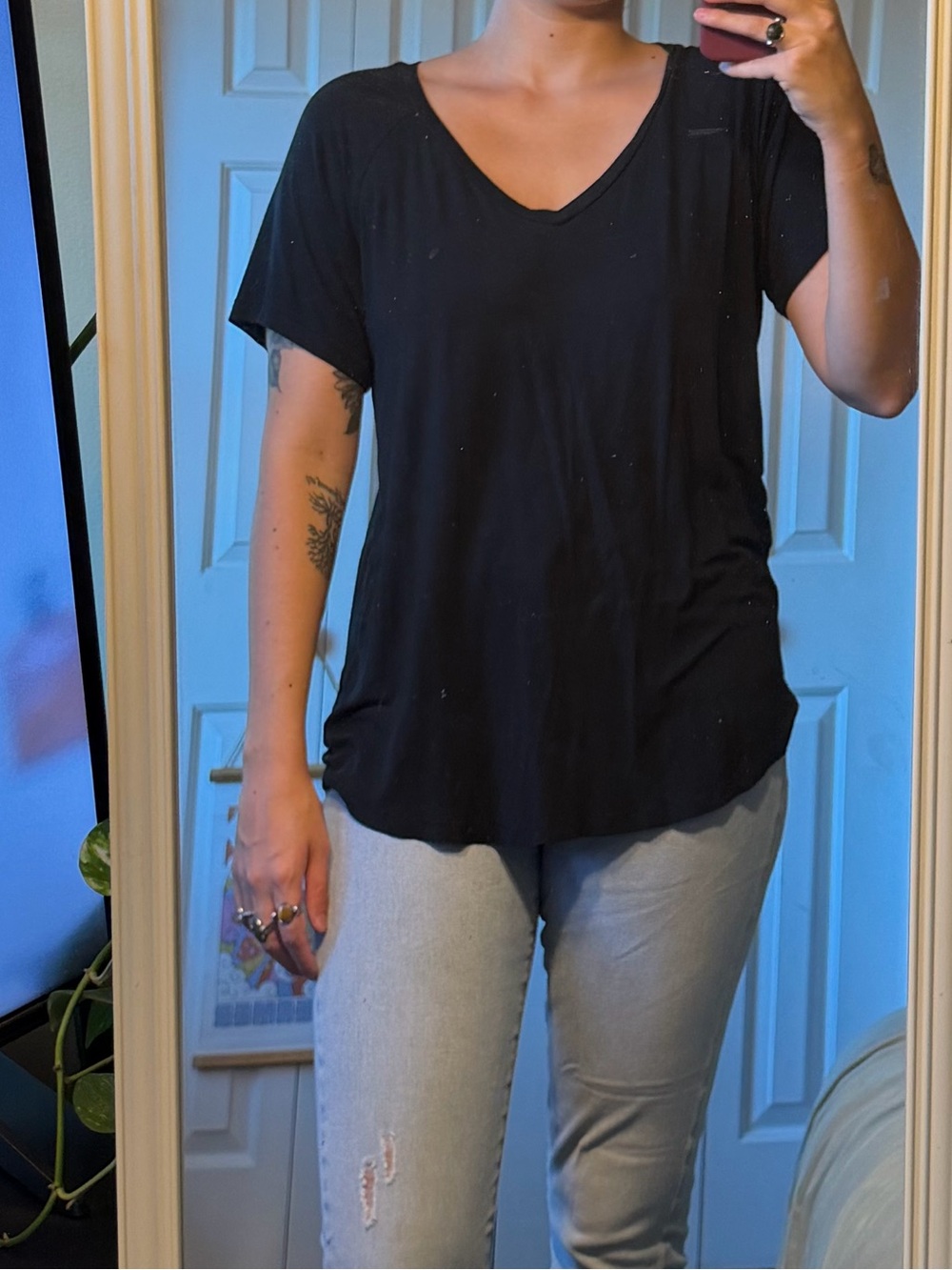 American Eagle Outfitters Black V-Neck Tee with Light Gray Cropped Jeans